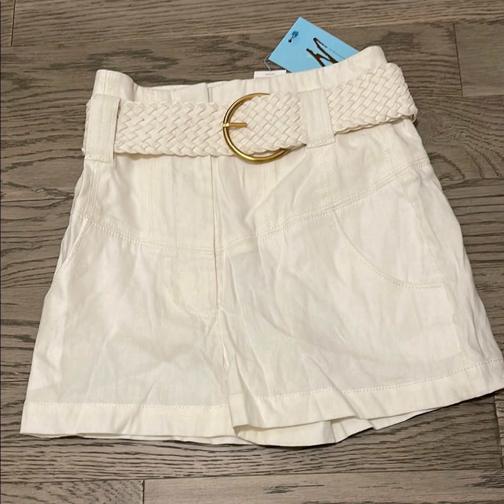 NEW. Cream High-Waisted Linen Shorts with Belt